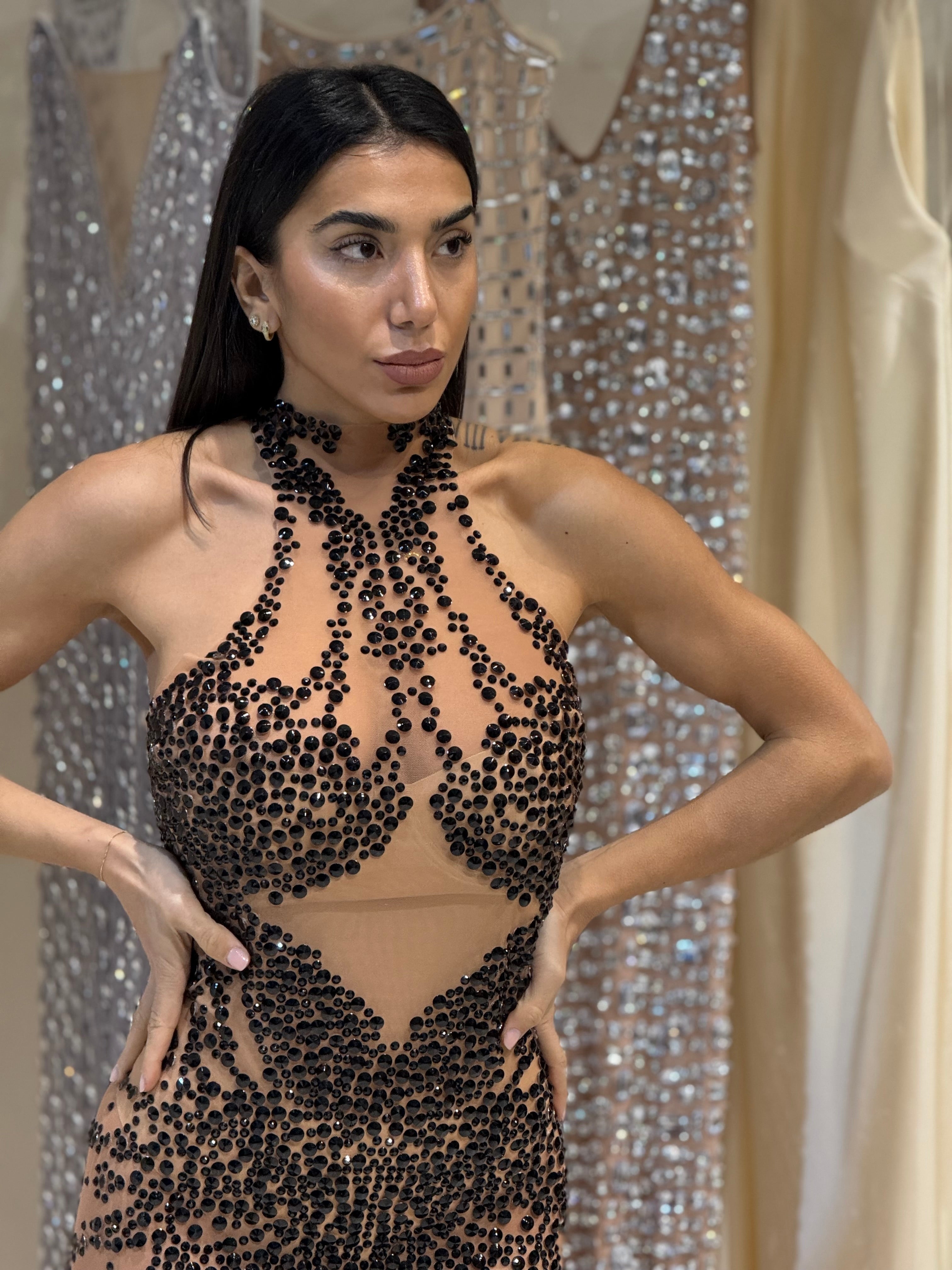 Abito nude con pietre gioiello (spedito in 7 giorni)
